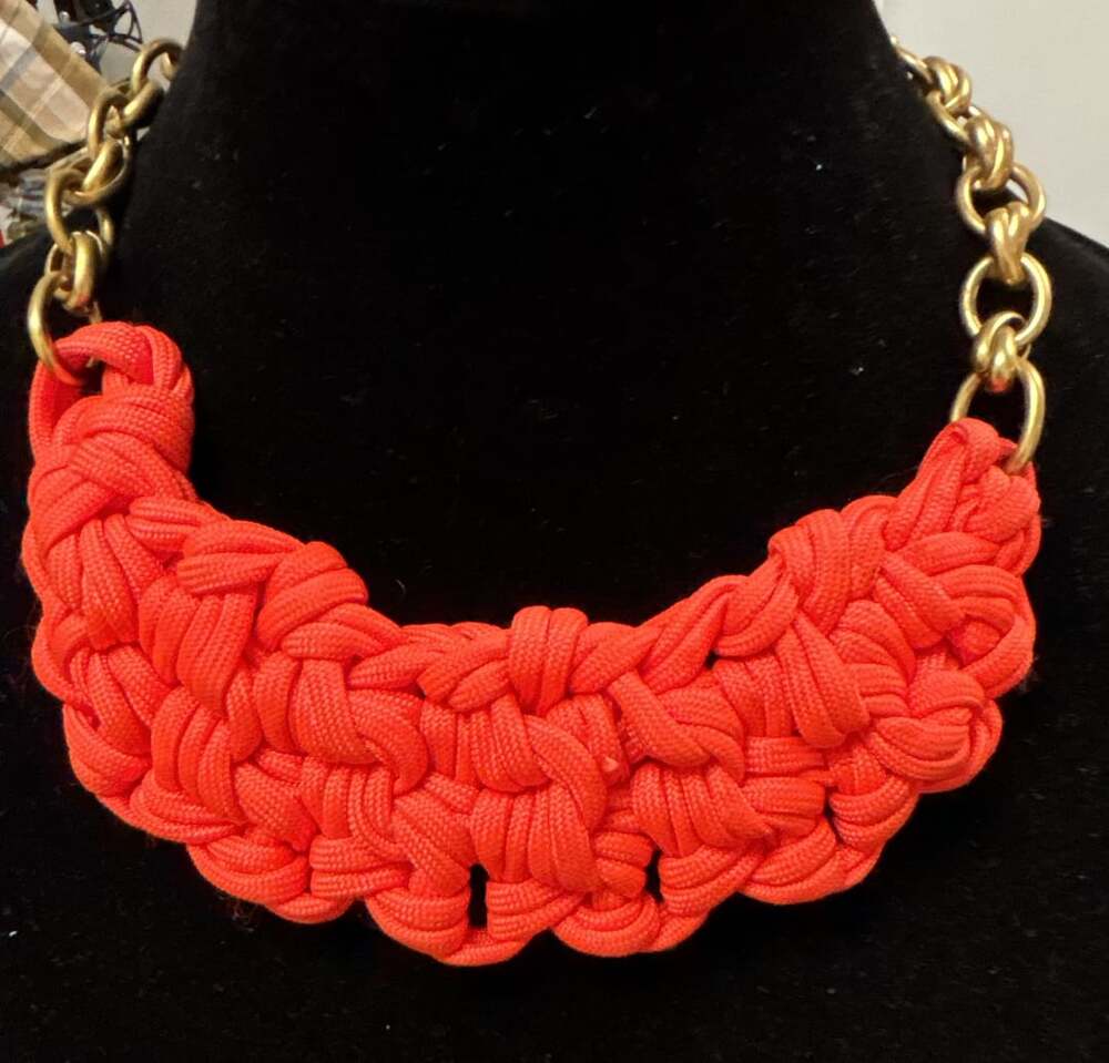 J.Crew Neon Orange Woven Rope Chunky Statement Necklace Gold Chain